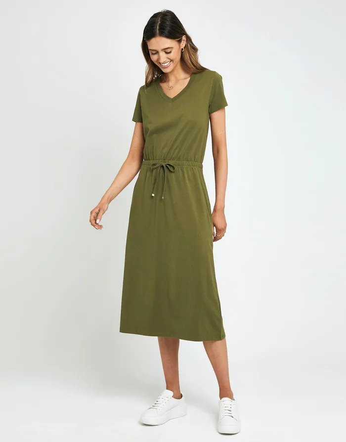 Women Khaki Jersey Short Sleeve V Neck Midi Dress Khaki Threadbare Dresses