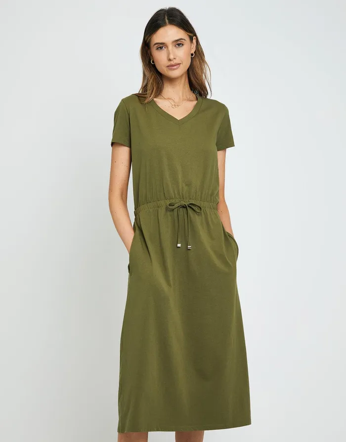 Women Khaki Jersey Short Sleeve V Neck Midi Dress Khaki Threadbare Dresses