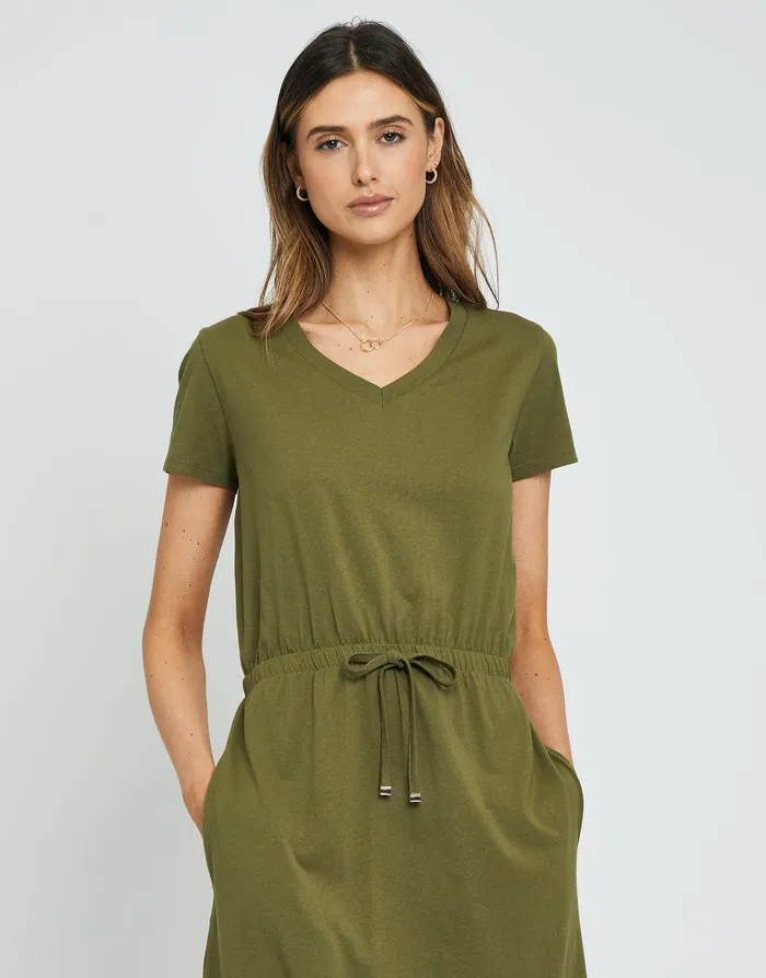 Women Khaki Jersey Short Sleeve V Neck Midi Dress Khaki Threadbare Dresses