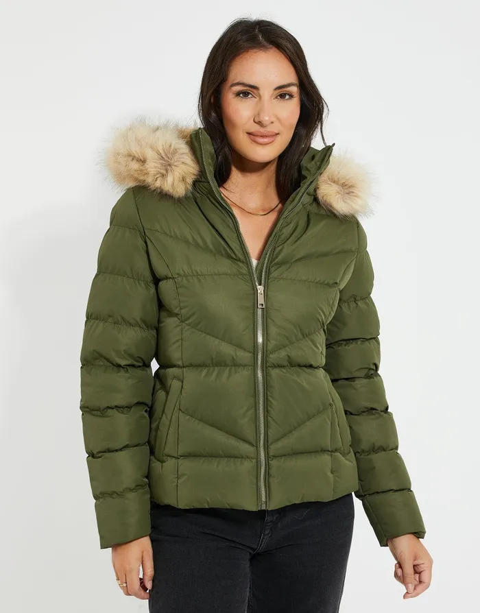 Women Khaki Short Parka Jacket Khaki Threadbare Jackets and Coats