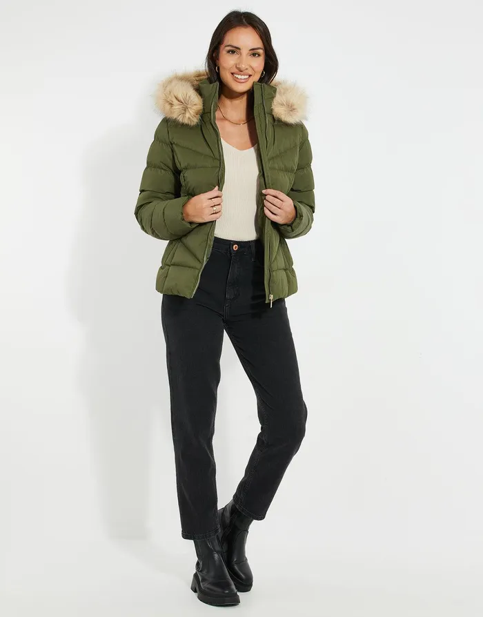 Women Khaki Short Parka Jacket Khaki Threadbare Jackets and Coats