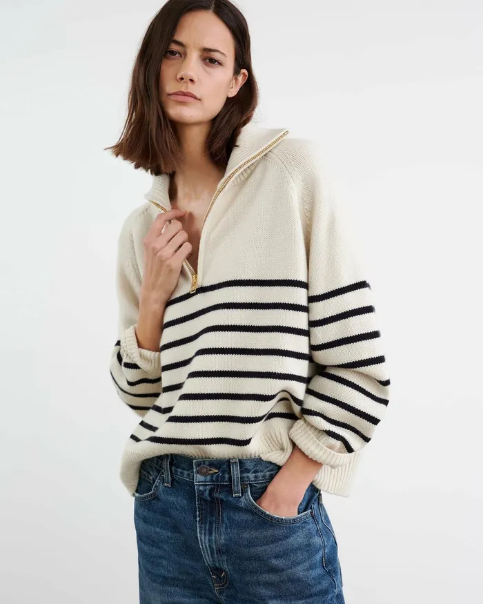 Women Knits and Sweaters Nili Lotan GANZE SWEATER Ivorydark Navy Stripe