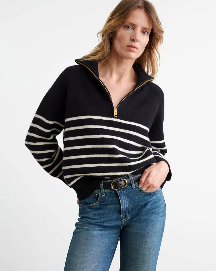 Women Knits and Sweaters Nili Lotan GANZE SWEATER Ivorydark Navy Stripe