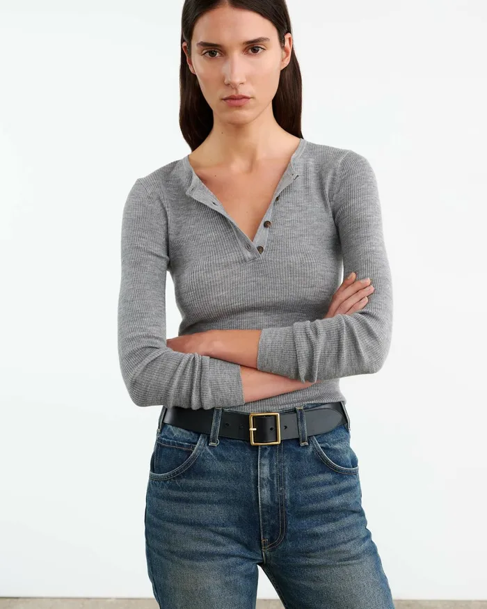 Women Knits and Sweaters Nili Lotan KLARISE HENLEY KNIT Medium Grey Melange