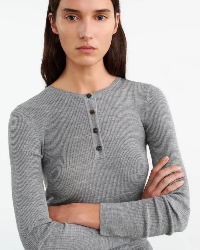 Women Knits and Sweaters Nili Lotan KLARISE HENLEY KNIT Medium Grey Melange
