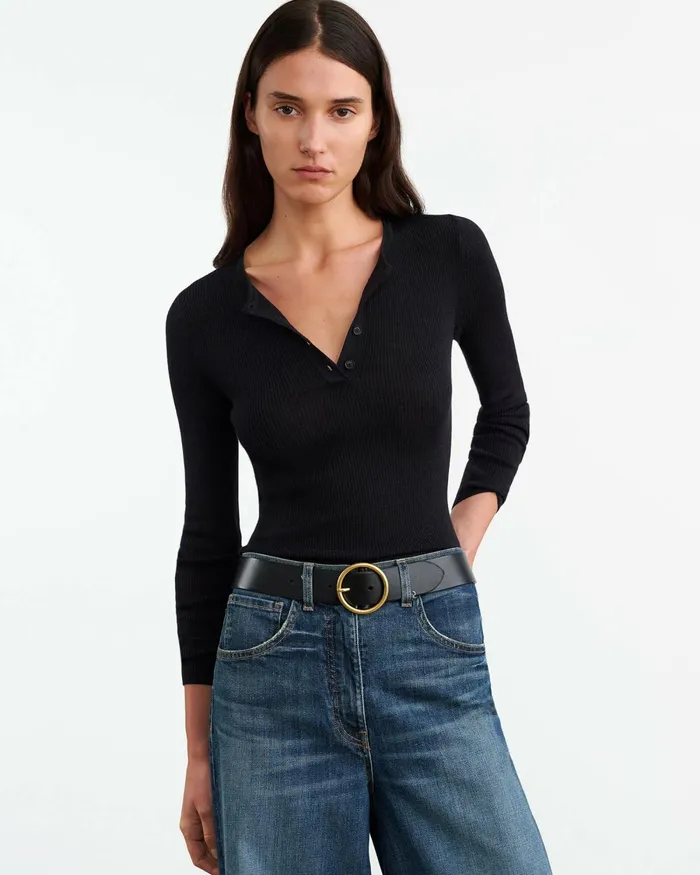 Women Knits and Sweaters Nili Lotan KLARISE HENLEY KNIT Medium Grey Melange