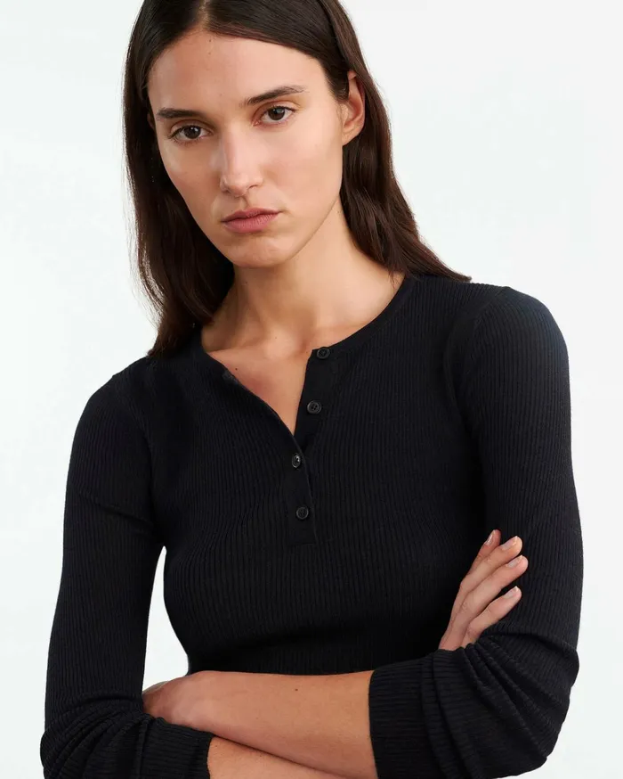 Women Knits and Sweaters Nili Lotan KLARISE HENLEY KNIT Medium Grey Melange