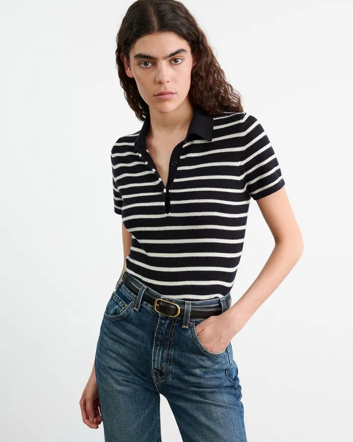 Women Knits and Sweaters Nili Lotan LEANNA CASHMERE POLO Dark Navyivory Stripe