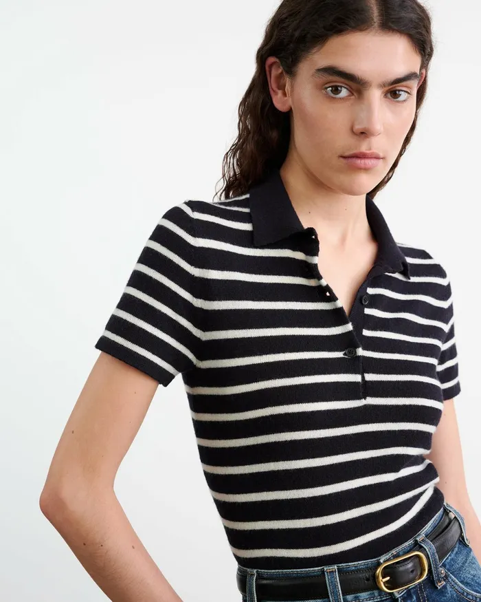 Women Knits and Sweaters Nili Lotan LEANNA CASHMERE POLO Dark Navyivory Stripe