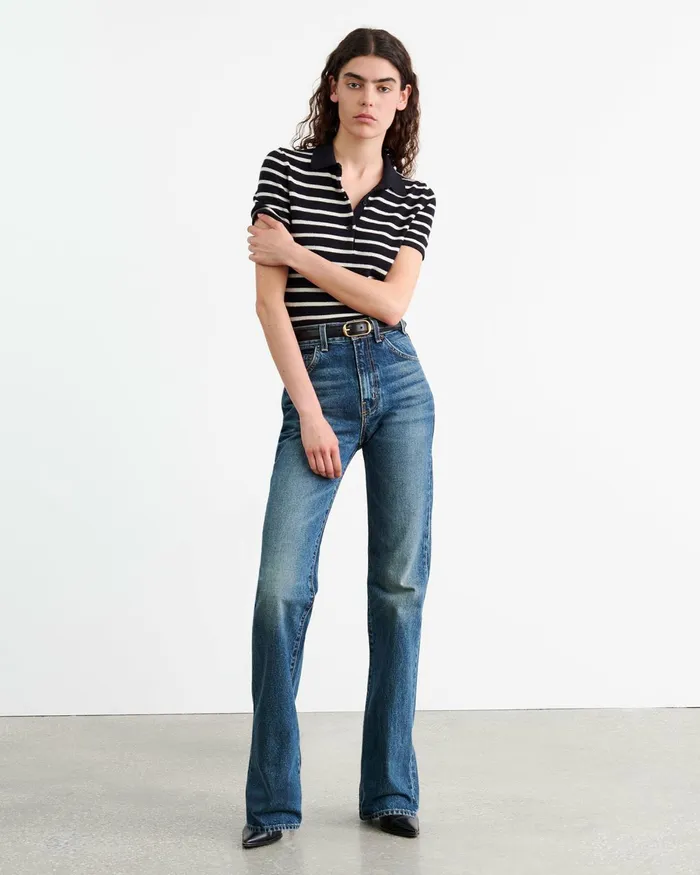 Women Knits and Sweaters Nili Lotan LEANNA CASHMERE POLO Dark Navyivory Stripe