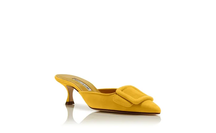 Women Low Heels Manolo Blahnik MAYSALE 50 Yellow Suede Buckle Mules