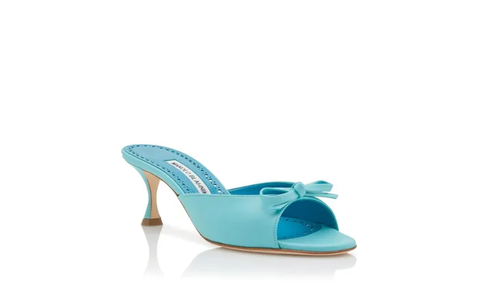 Women Low Heels Manolo Blahnik PERTINANU Blue Nappa Leather Bow Detail Mules