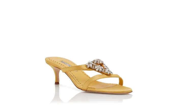 Women Low Heels Manolo Blahnik TRINAMU Yellow Satin Triangular Embellished Mules Women Low Heels Manolo Blahnik TRINAMU Yellow Satin Triangular Embellished Mules