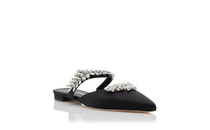 Women Lurum Manolo Blahnik LURUMFLAT Black Satin Crystal Embellished Flat Mules