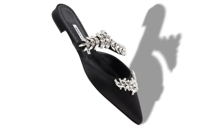 Women Lurum Manolo Blahnik LURUMFLAT Black Satin Crystal Embellished Flat Mules Women Lurum Manolo Blahnik LURUMFLAT Black Satin Crystal Embellished Flat Mules