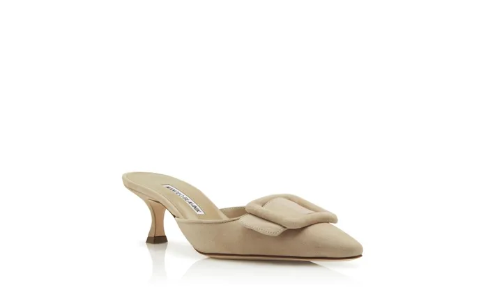 Women Maysale Manolo Blahnik MAYSALE Beige Suede Kitten Heel Mules