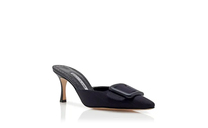 Women Maysale Manolo Blahnik MAYSALEBI Navy Blue Wool Pinstripe Buckle Mules