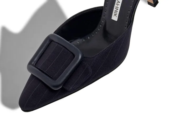 Women Maysale Manolo Blahnik MAYSALEBI Navy Blue Wool Pinstripe Buckle Mules Women Maysale Manolo Blahnik MAYSALEBI Navy Blue Wool Pinstripe Buckle Mules