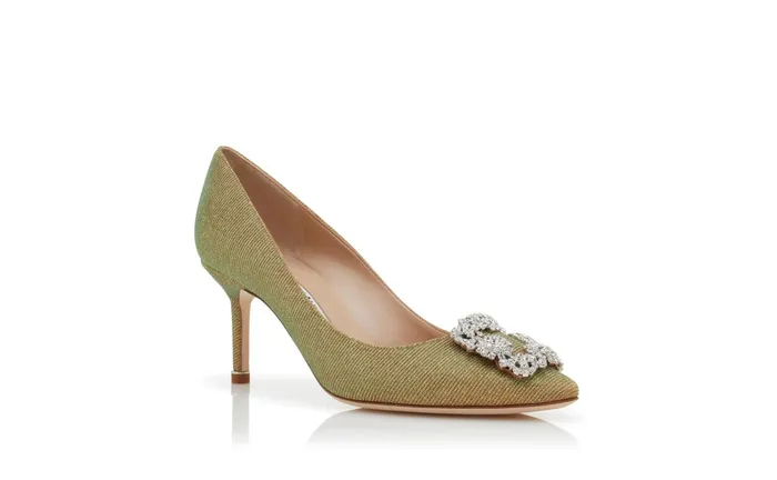 Women Mid Heels Manolo Blahnik HANGISI GLITTER 70 Gold Glitter Fabric Jewel Buckle Pumps Women Mid Heels Manolo Blahnik HANGISI GLITTER 70 Gold Glitter Fabric Jewel Buckle Pumps