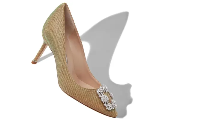 Women Mid Heels Manolo Blahnik HANGISI GLITTER 70 Gold Glitter Fabric Jewel Buckle Pumps Women Mid Heels Manolo Blahnik HANGISI GLITTER 70 Gold Glitter Fabric Jewel Buckle Pumps