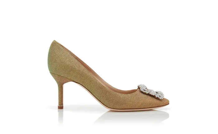 Women Mid Heels Manolo Blahnik HANGISI GLITTER 70 Gold Glitter Fabric Jewel Buckle Pumps Women Mid Heels Manolo Blahnik HANGISI GLITTER 70 Gold Glitter Fabric Jewel Buckle Pumps