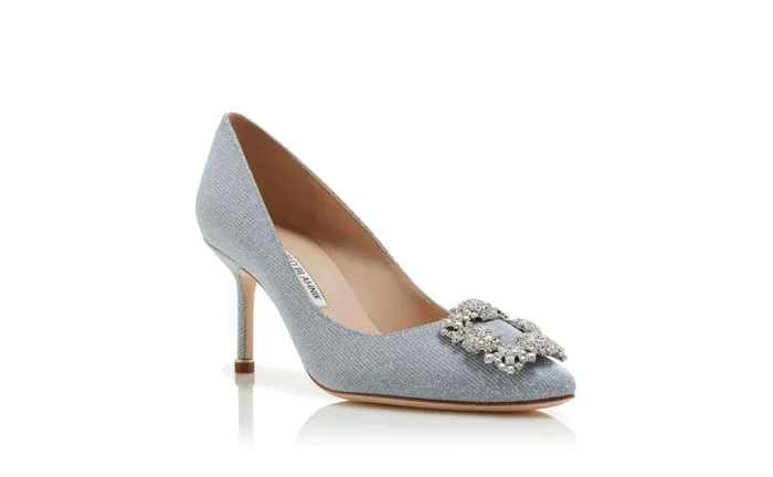 Women Mid Heels Manolo Blahnik HANGISI GLITTER 70 Silver Glitter Fabric Jewel Buckle Pumps Women Mid Heels Manolo Blahnik HANGISI GLITTER 70 Silver Glitter Fabric Jewel Buckle Pumps