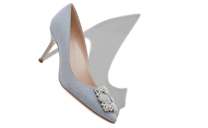 Women Mid Heels Manolo Blahnik HANGISI GLITTER 70 Silver Glitter Fabric Jewel Buckle Pumps Women Mid Heels Manolo Blahnik HANGISI GLITTER 70 Silver Glitter Fabric Jewel Buckle Pumps