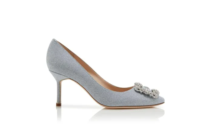 Women Mid Heels Manolo Blahnik HANGISI GLITTER 70 Silver Glitter Fabric Jewel Buckle Pumps Women Mid Heels Manolo Blahnik HANGISI GLITTER 70 Silver Glitter Fabric Jewel Buckle Pumps