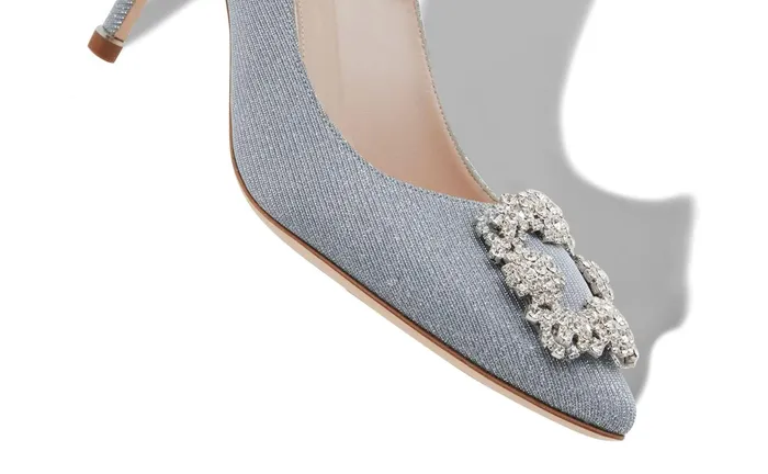 Women Mid Heels Manolo Blahnik HANGISI GLITTER 70 Silver Glitter Fabric Jewel Buckle Pumps Women Mid Heels Manolo Blahnik HANGISI GLITTER 70 Silver Glitter Fabric Jewel Buckle Pumps