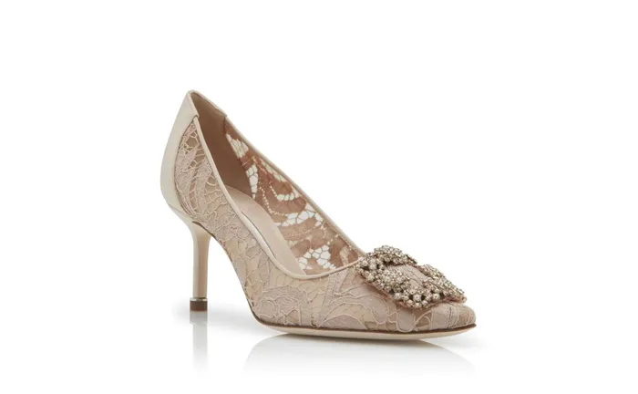 Women Mid Heels Manolo Blahnik HANGISI LACE 70 Pink Champagne Lace Jewel Buckle Pumps Women Mid Heels Manolo Blahnik HANGISI LACE 70 Pink Champagne Lace Jewel Buckle Pumps