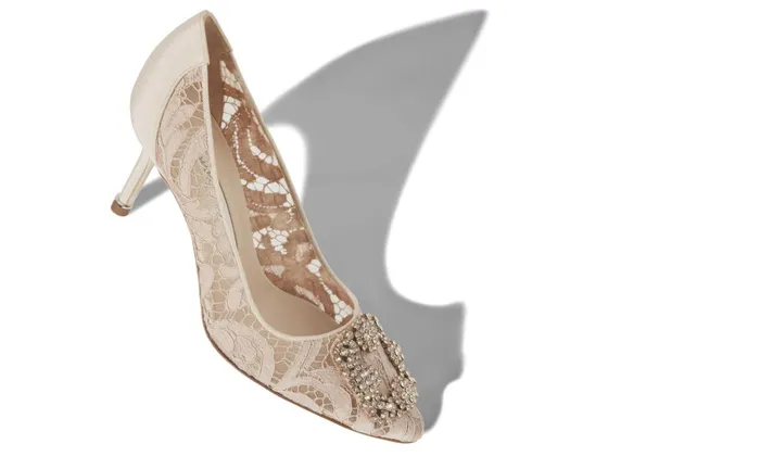 Women Mid Heels Manolo Blahnik HANGISI LACE 70 Pink Champagne Lace Jewel Buckle Pumps