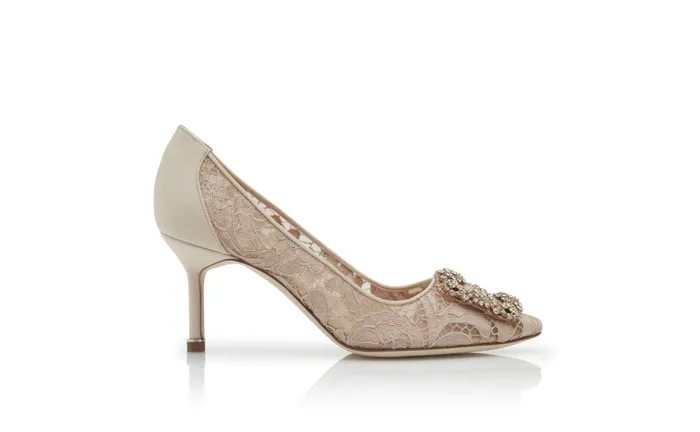 Women Mid Heels Manolo Blahnik HANGISI LACE 70 Pink Champagne Lace Jewel Buckle Pumps