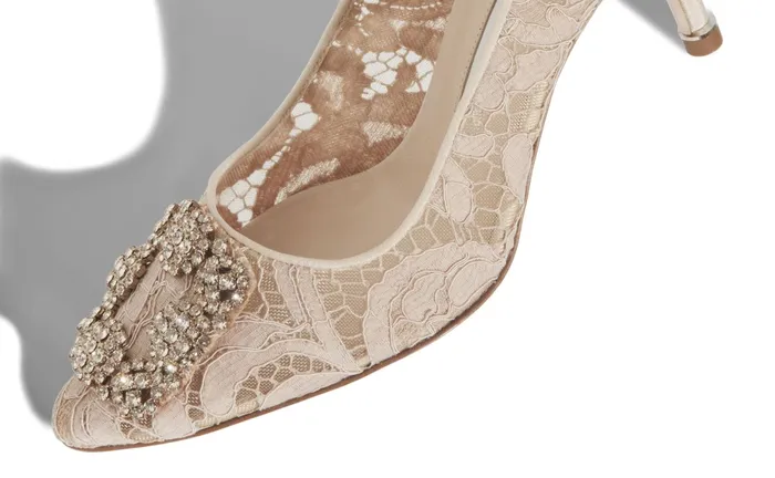 Women Mid Heels Manolo Blahnik HANGISI LACE 70 Pink Champagne Lace Jewel Buckle Pumps
