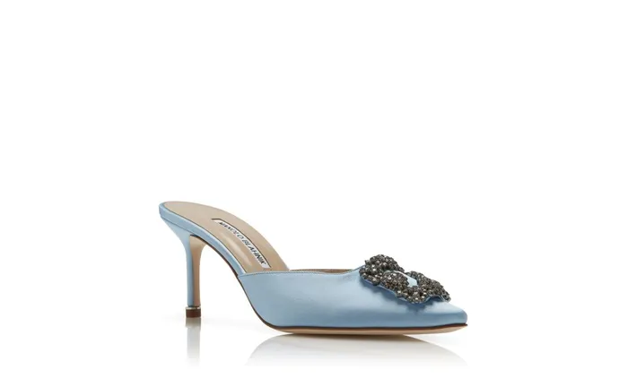 Women Mid Heels Manolo Blahnik HANGISIMU Light Blue Satin Jewel Buckle Mules