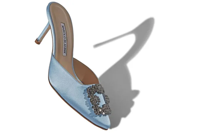 Women Mid Heels Manolo Blahnik HANGISIMU Light Blue Satin Jewel Buckle Mules Women Mid Heels Manolo Blahnik HANGISIMU Light Blue Satin Jewel Buckle Mules