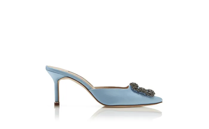 Women Mid Heels Manolo Blahnik HANGISIMU Light Blue Satin Jewel Buckle Mules Women Mid Heels Manolo Blahnik HANGISIMU Light Blue Satin Jewel Buckle Mules