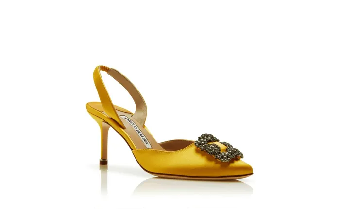 Women Mid Heels Manolo Blahnik HANGISLI Yellow Satin Jewel Buckle Slingback Pumps Women Mid Heels Manolo Blahnik HANGISLI Yellow Satin Jewel Buckle Slingback Pumps
