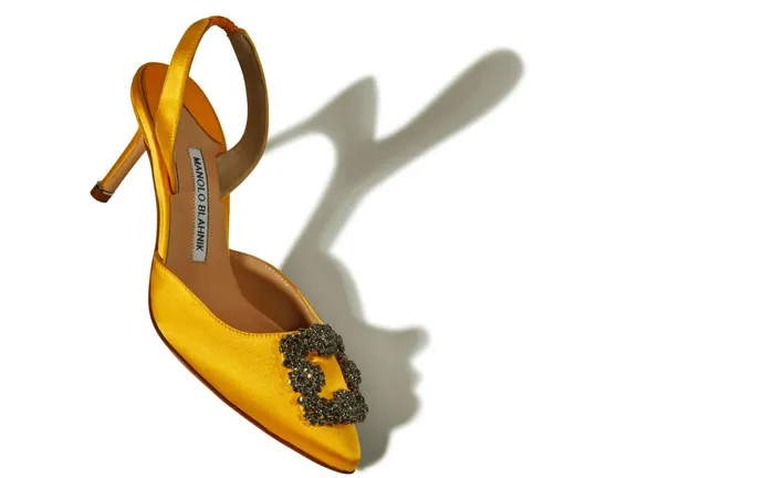 Women Mid Heels Manolo Blahnik HANGISLI Yellow Satin Jewel Buckle Slingback Pumps