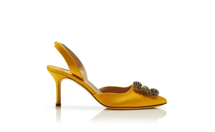 Women Mid Heels Manolo Blahnik HANGISLI Yellow Satin Jewel Buckle Slingback Pumps