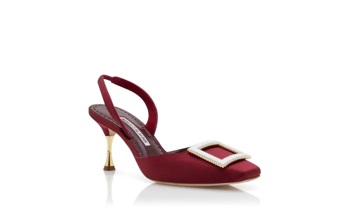 Women Mid Heels Manolo Blahnik SALIBA Dark Red Satin Slingback Buckle Pumps