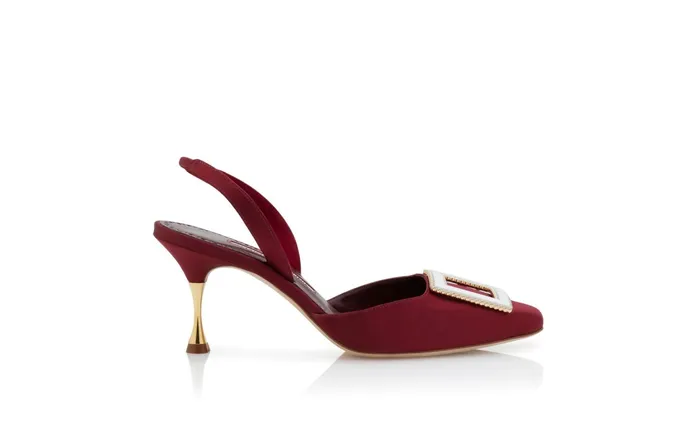 Women Mid Heels Manolo Blahnik SALIBA Dark Red Satin Slingback Buckle Pumps Women Mid Heels Manolo Blahnik SALIBA Dark Red Satin Slingback Buckle Pumps