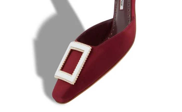 Women Mid Heels Manolo Blahnik SALIBA Dark Red Satin Slingback Buckle Pumps Women Mid Heels Manolo Blahnik SALIBA Dark Red Satin Slingback Buckle Pumps