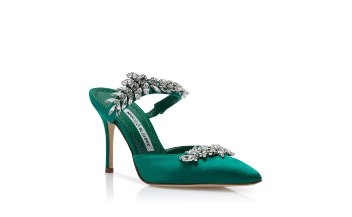 Women Mules Manolo Blahnik LURUM Green Satin Crystal Embellished Mules