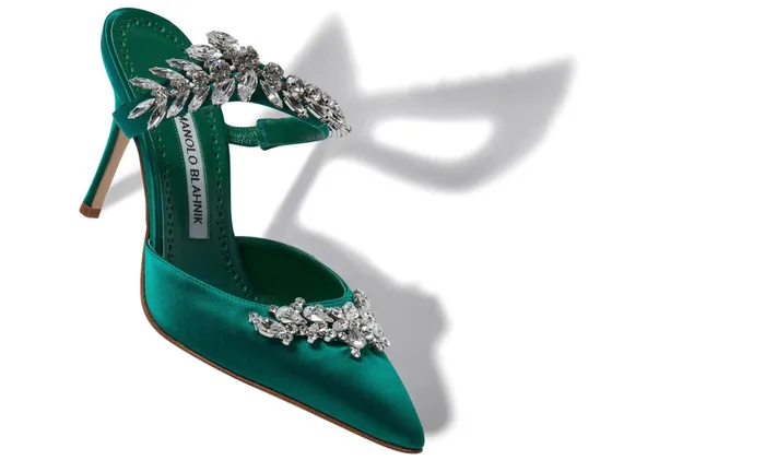 Women Mules Manolo Blahnik LURUM Green Satin Crystal Embellished Mules Women Mules Manolo Blahnik LURUM Green Satin Crystal Embellished Mules