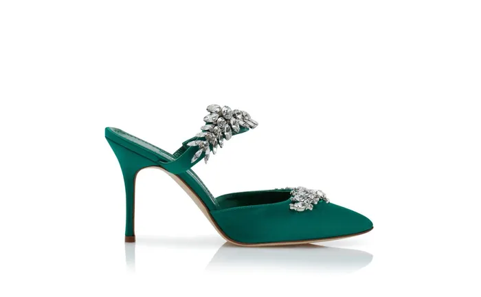 Women Mules Manolo Blahnik LURUM Green Satin Crystal Embellished Mules Women Mules Manolo Blahnik LURUM Green Satin Crystal Embellished Mules