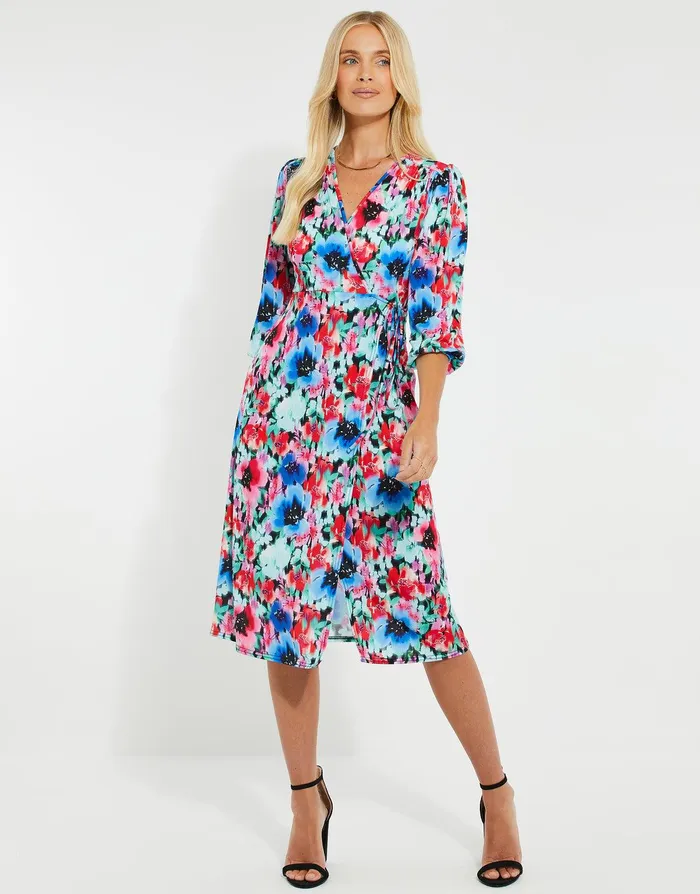 Women Multi Floral Print Wrap Midi Dress Multi Threadbare Dresses