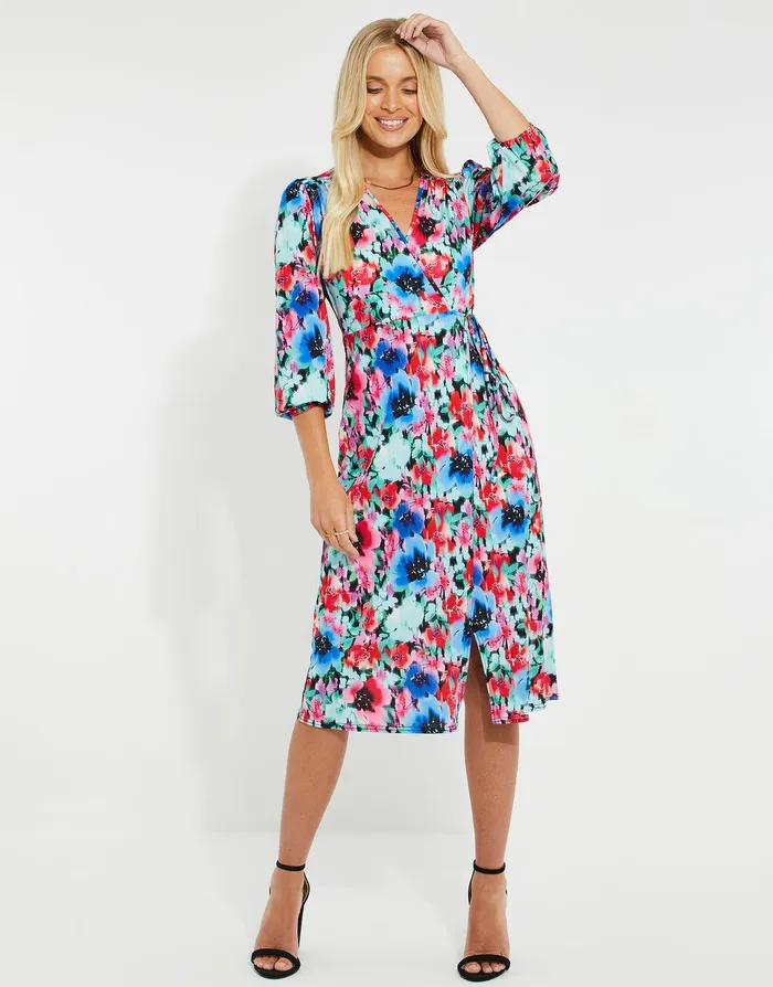 Women Multi Floral Print Wrap Midi Dress Multi Threadbare Dresses