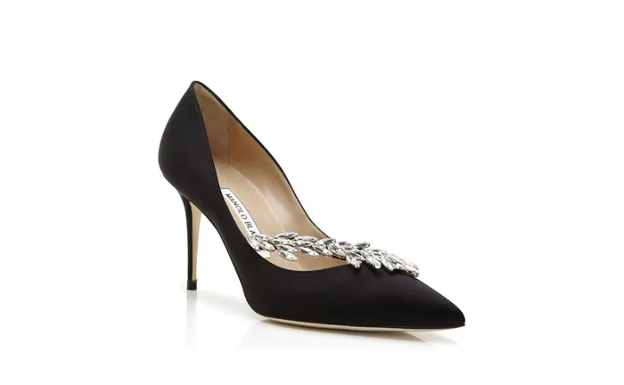 Women Nadira Manolo Blahnik NADIRA Black Satin Jewel Buckle Pumps