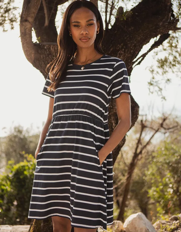 Women Navy Stripe Jersey Smock Dress With Pockets Navy Threadbare Dresses