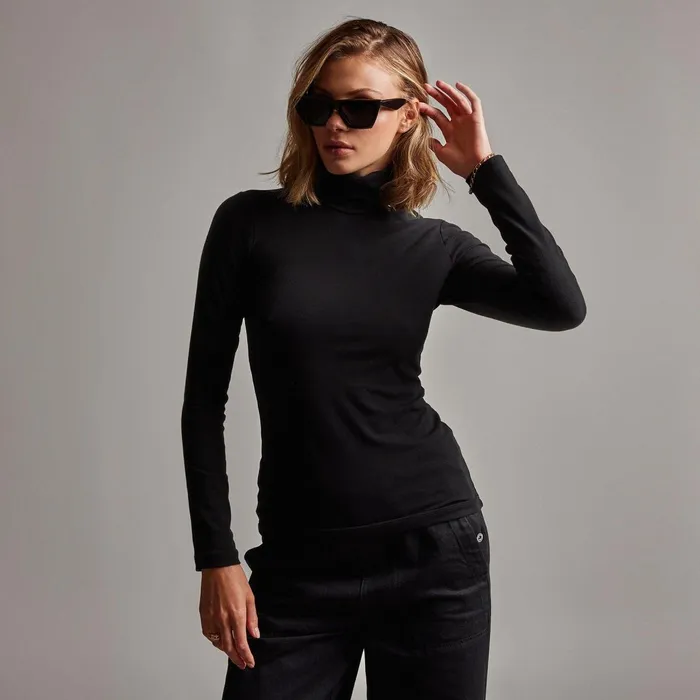 Women Novelty Tops James Perse Stretch Lotus Turtleneck Black